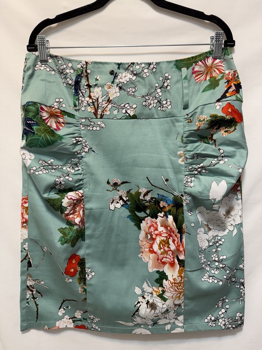 Kate Kasin Mint Green Vivid Floral Knee-length Skirt Sz XL Ruched Sides Stretch